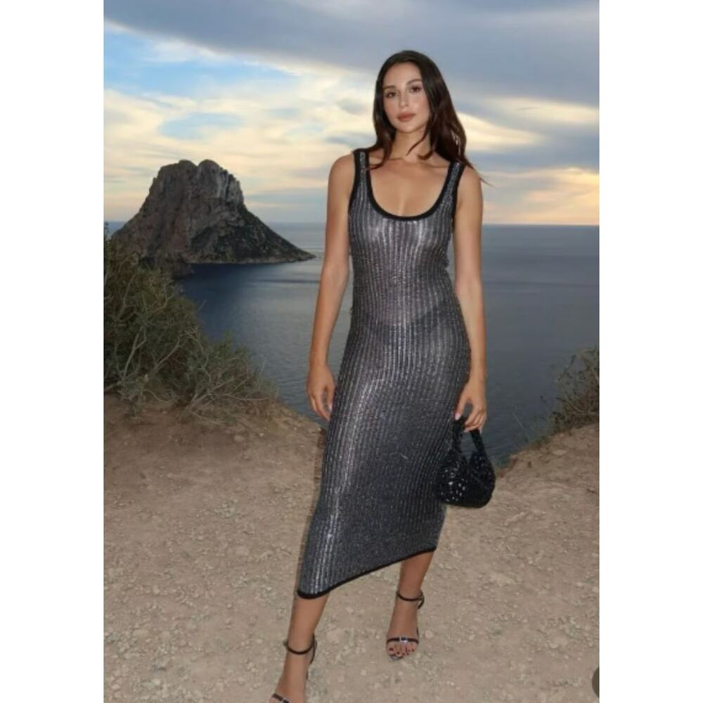 Zara Silver Metallic Knit Maxi Dress Size Small